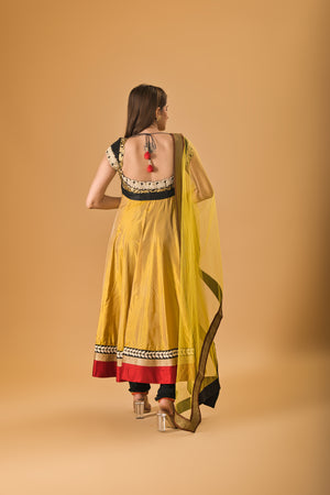Mustard and Black calf length silk Anarkali