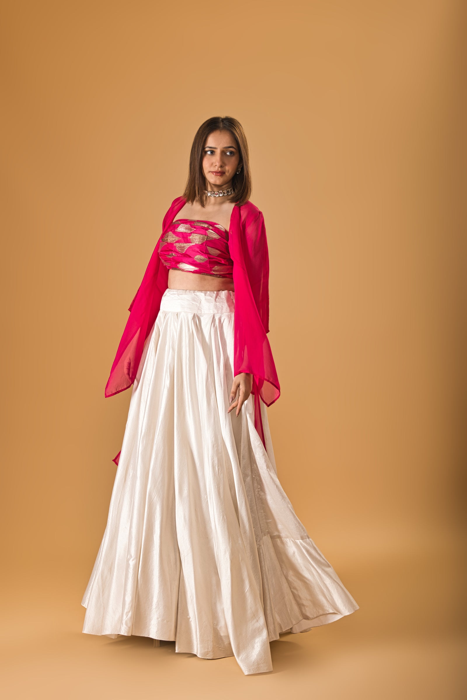 Indowestern White silk skirt and Fuscia Organza overlay set