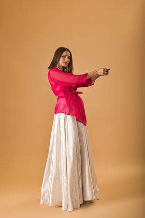 Indowestern White silk skirt and Fuscia Organza overlay set