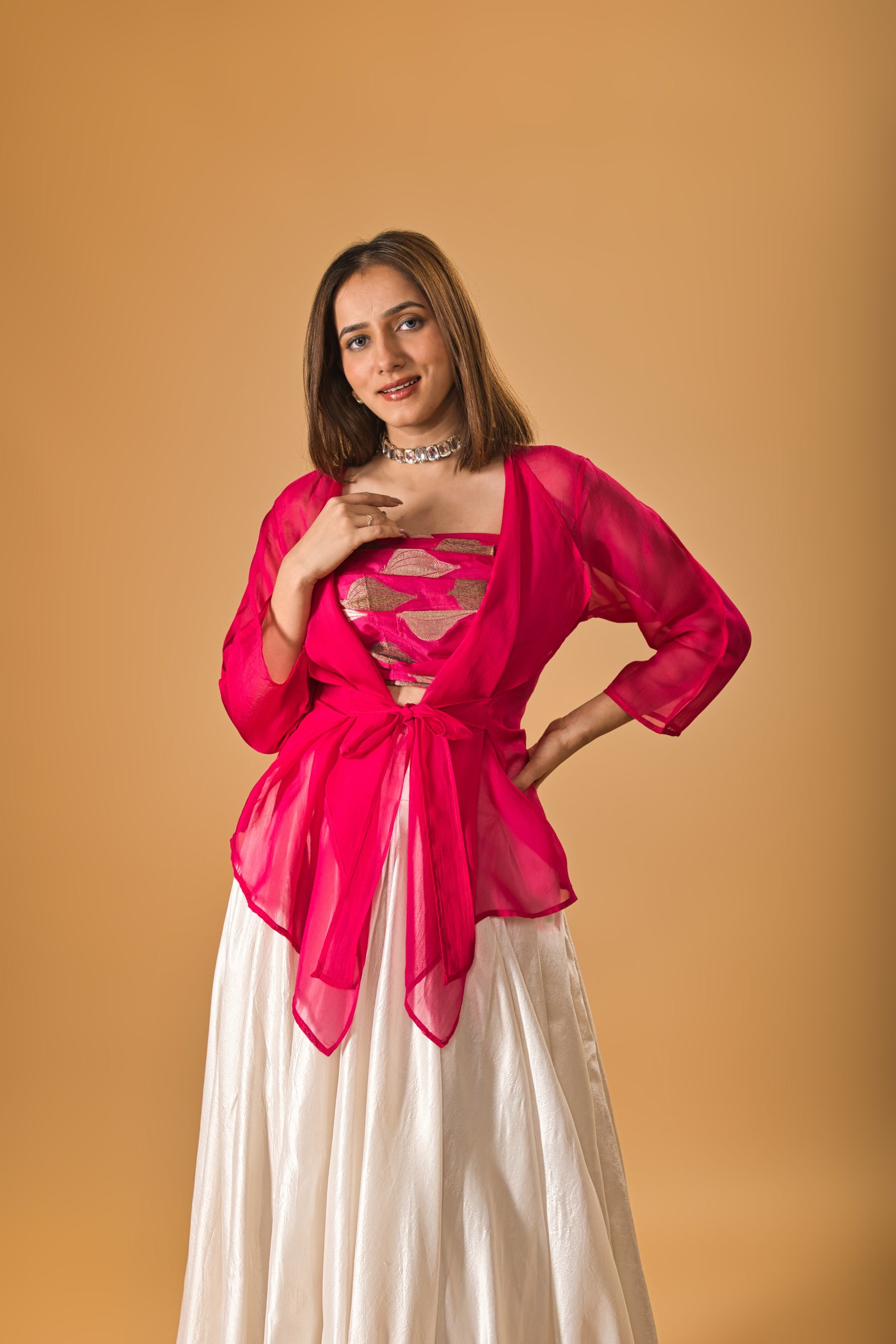 Indowestern White silk skirt and Fuscia Organza overlay set
