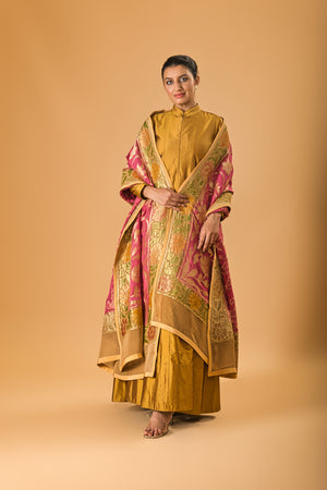 Indowestern Copper gold silk Semi Anarkali with Rich Onion pink Banarasi georgette Dupatta