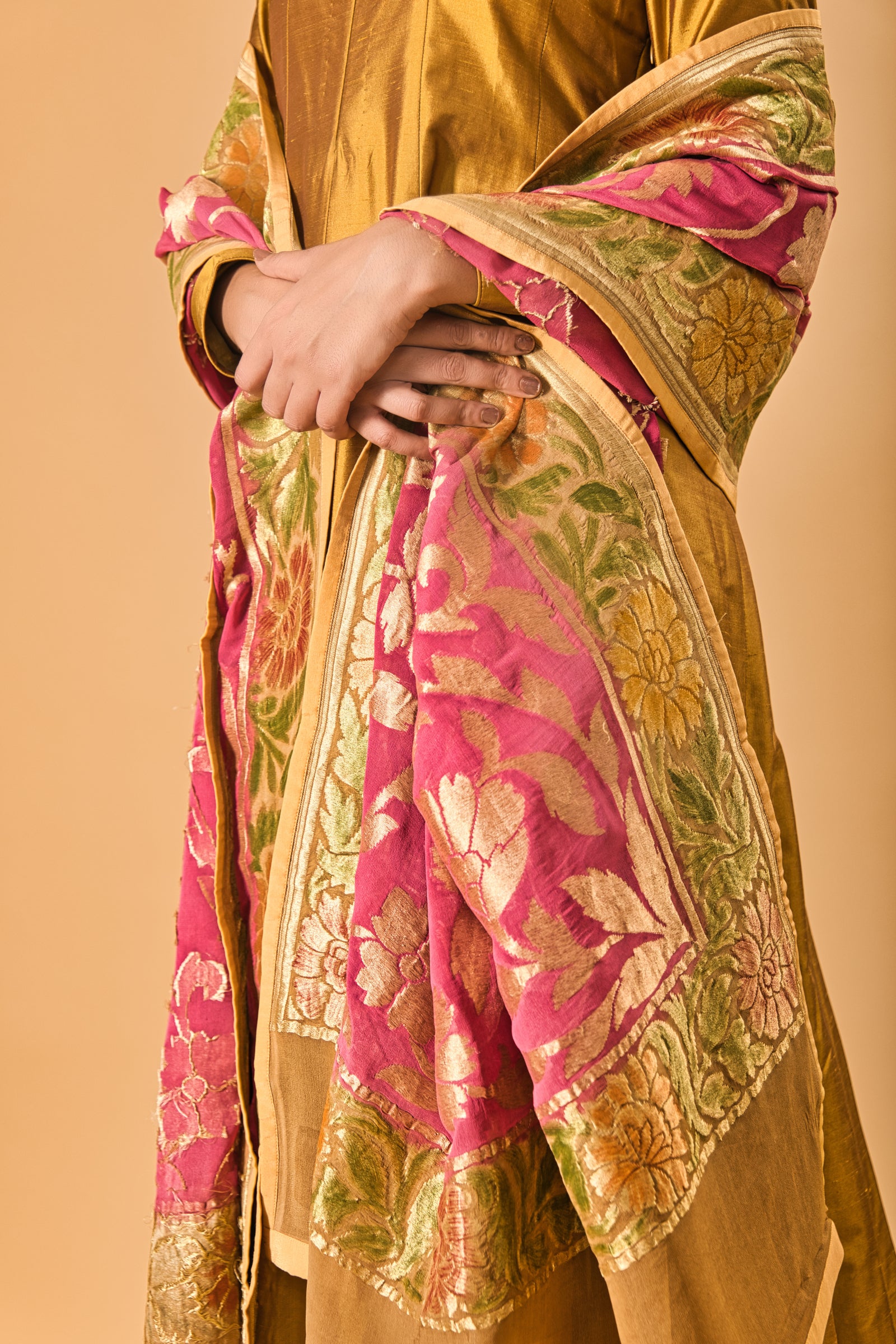 Indowestern Copper gold silk Semi Anarkali with Rich Onion pink Banarasi georgette Dupatta
