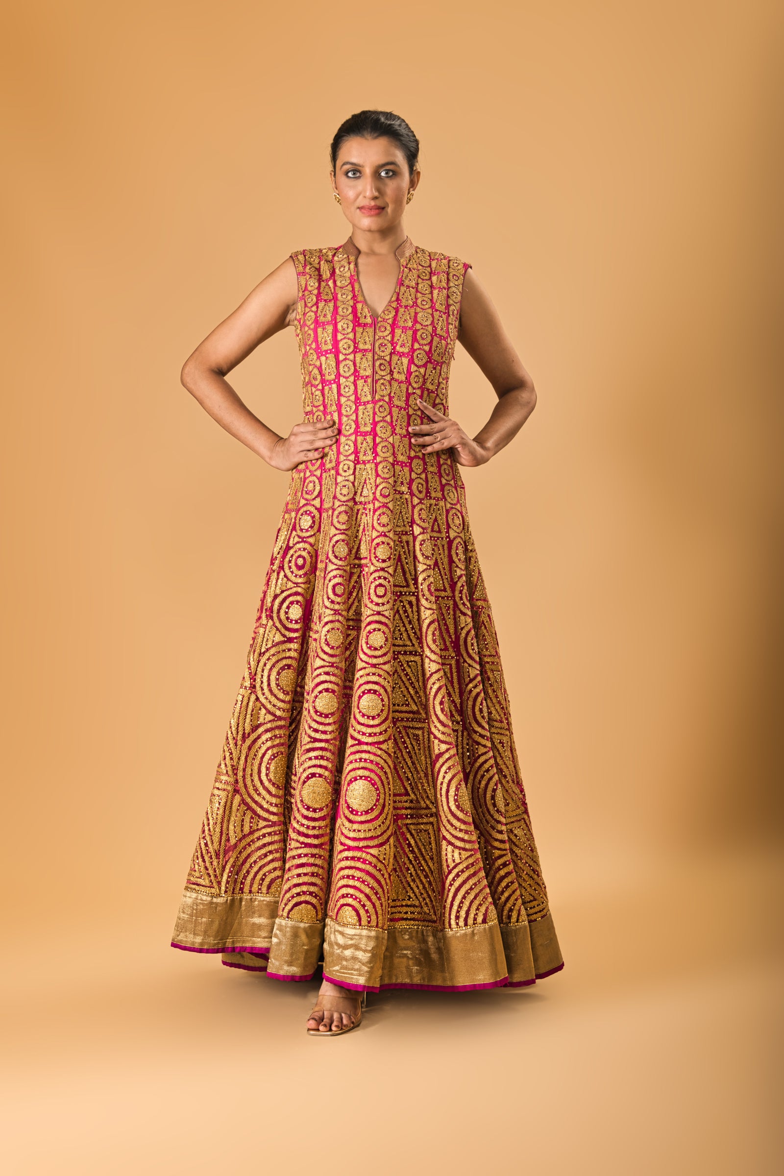 Fuscia pink rich applique work gown