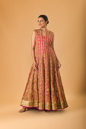 Fuscia pink rich applique work gown