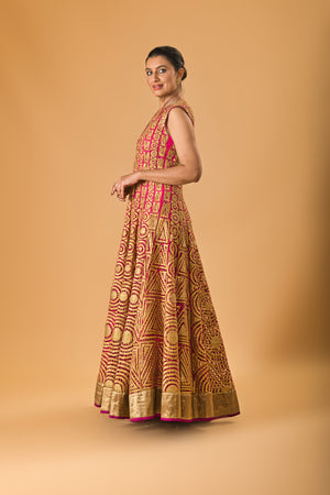 Fuscia pink rich applique work gown