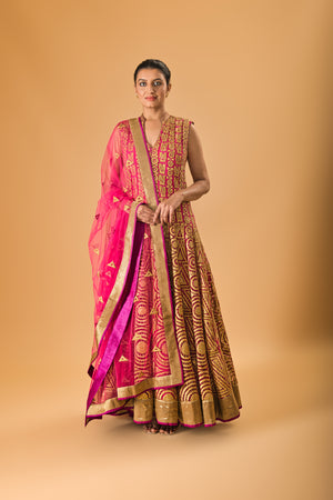 Fuscia pink rich applique work gown