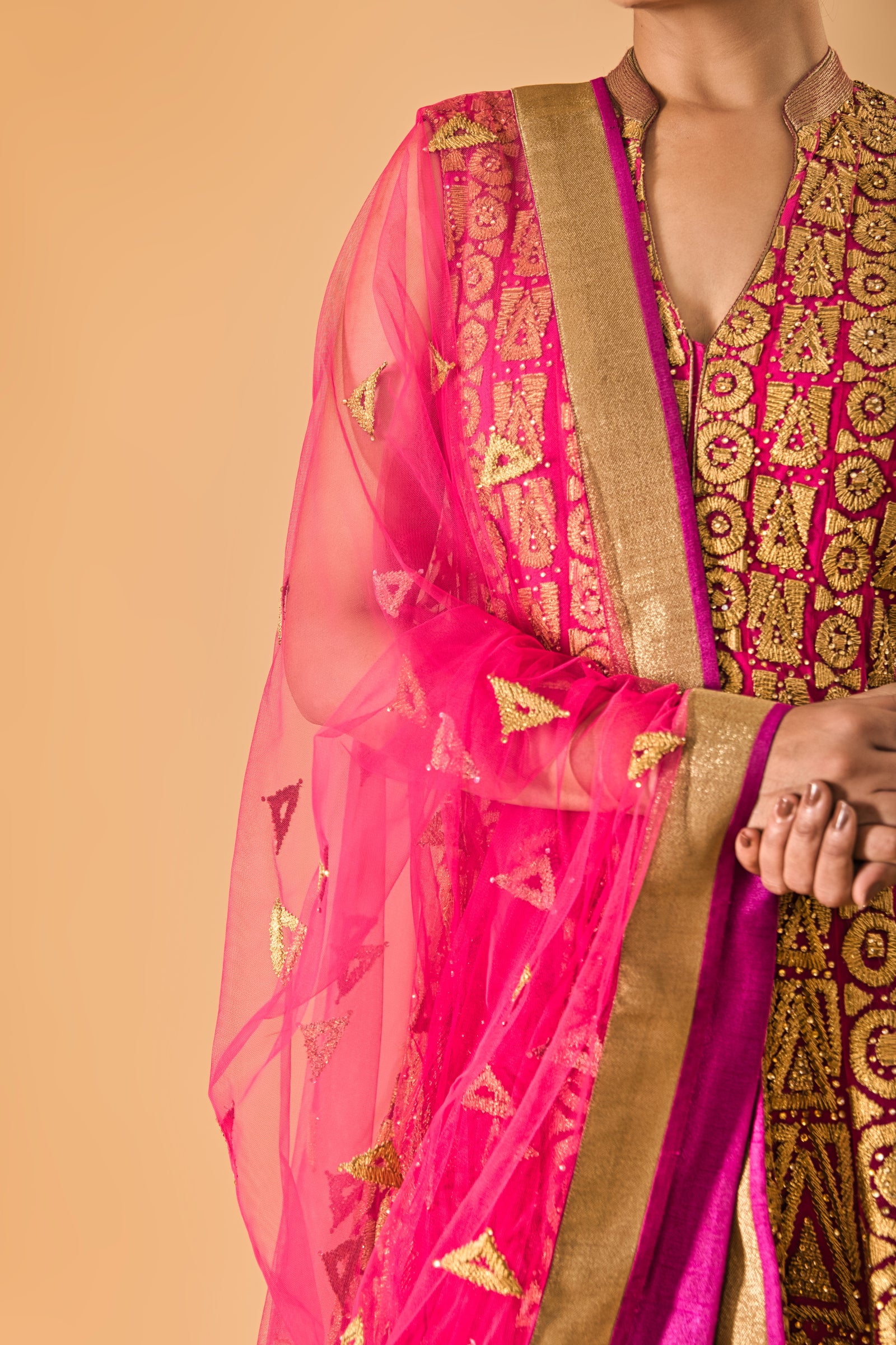 Fuscia pink rich applique work gown
