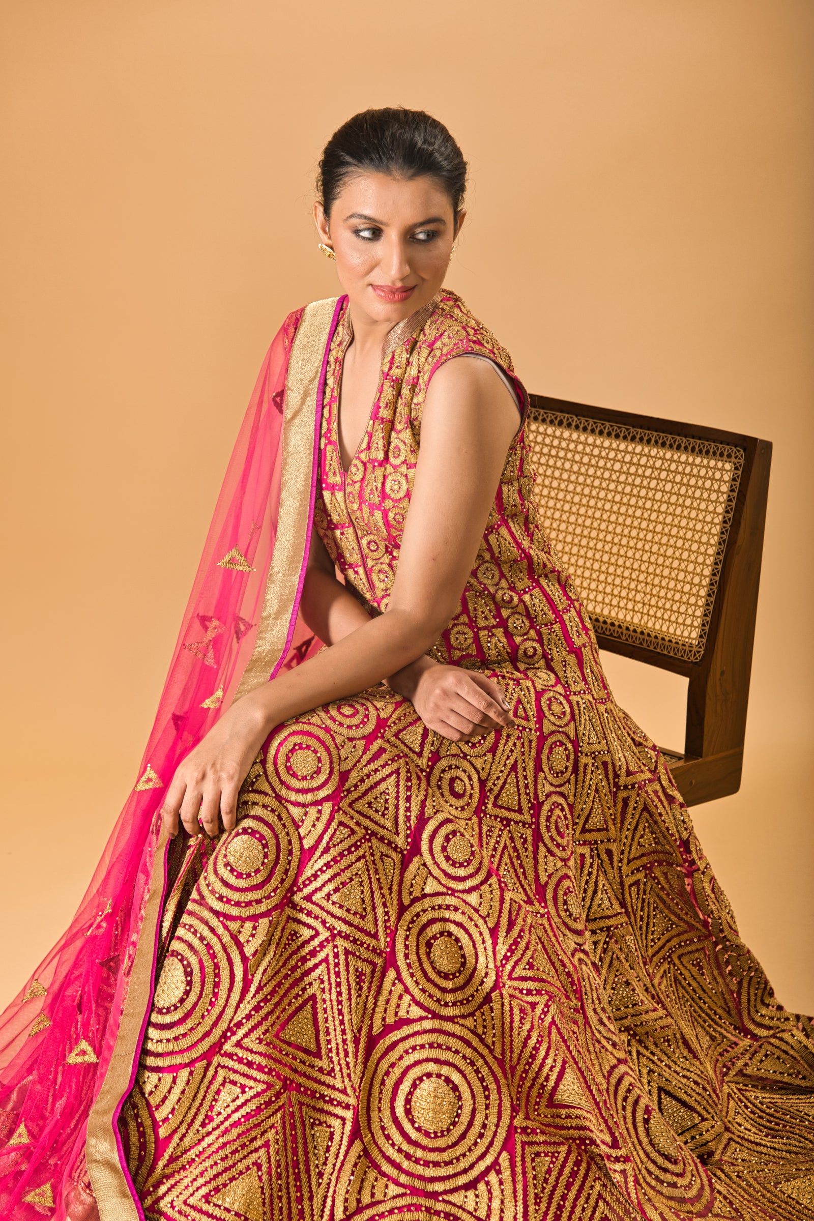 Fuscia pink rich applique work gown