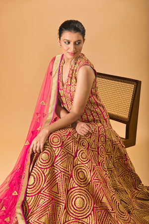 Fuscia pink rich applique work gown