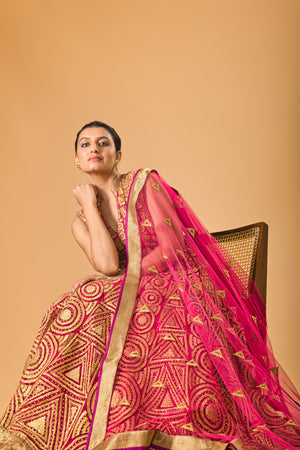 Fuscia pink rich applique work gown