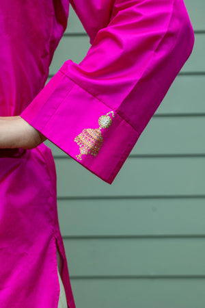 Hot pink silk shirt and dhoti set