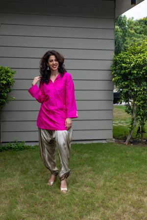 Hot pink silk shirt and dhoti set