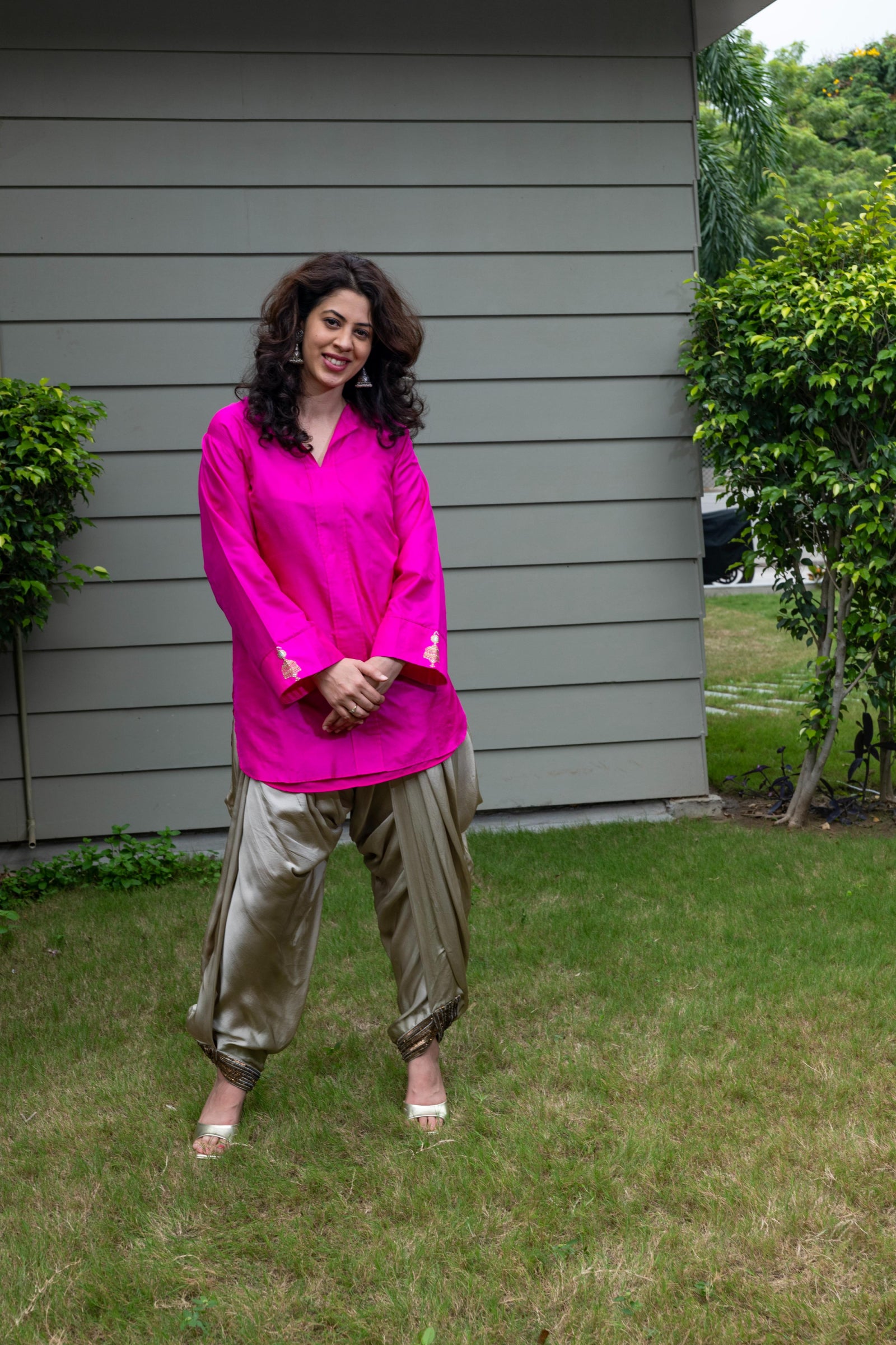 Hot pink silk shirt and dhoti set