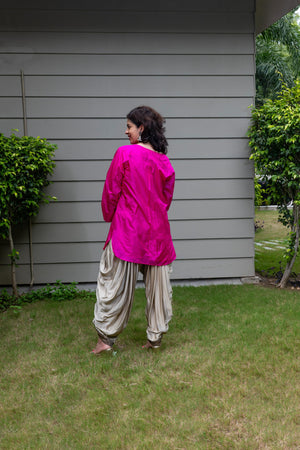 Hot pink silk shirt and dhoti set