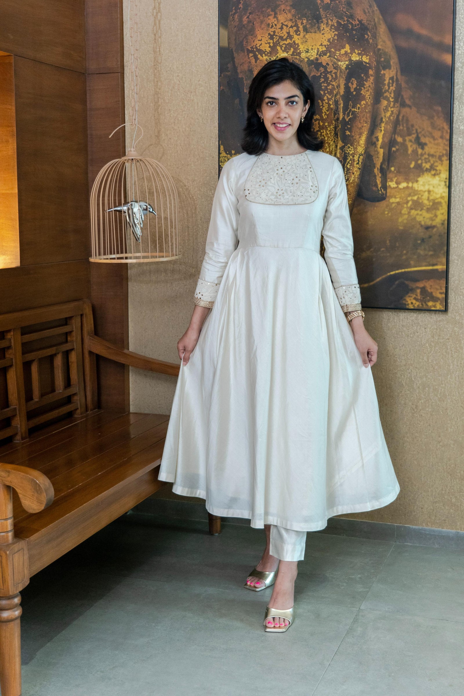 White silk chikankari neck kalidar kurta