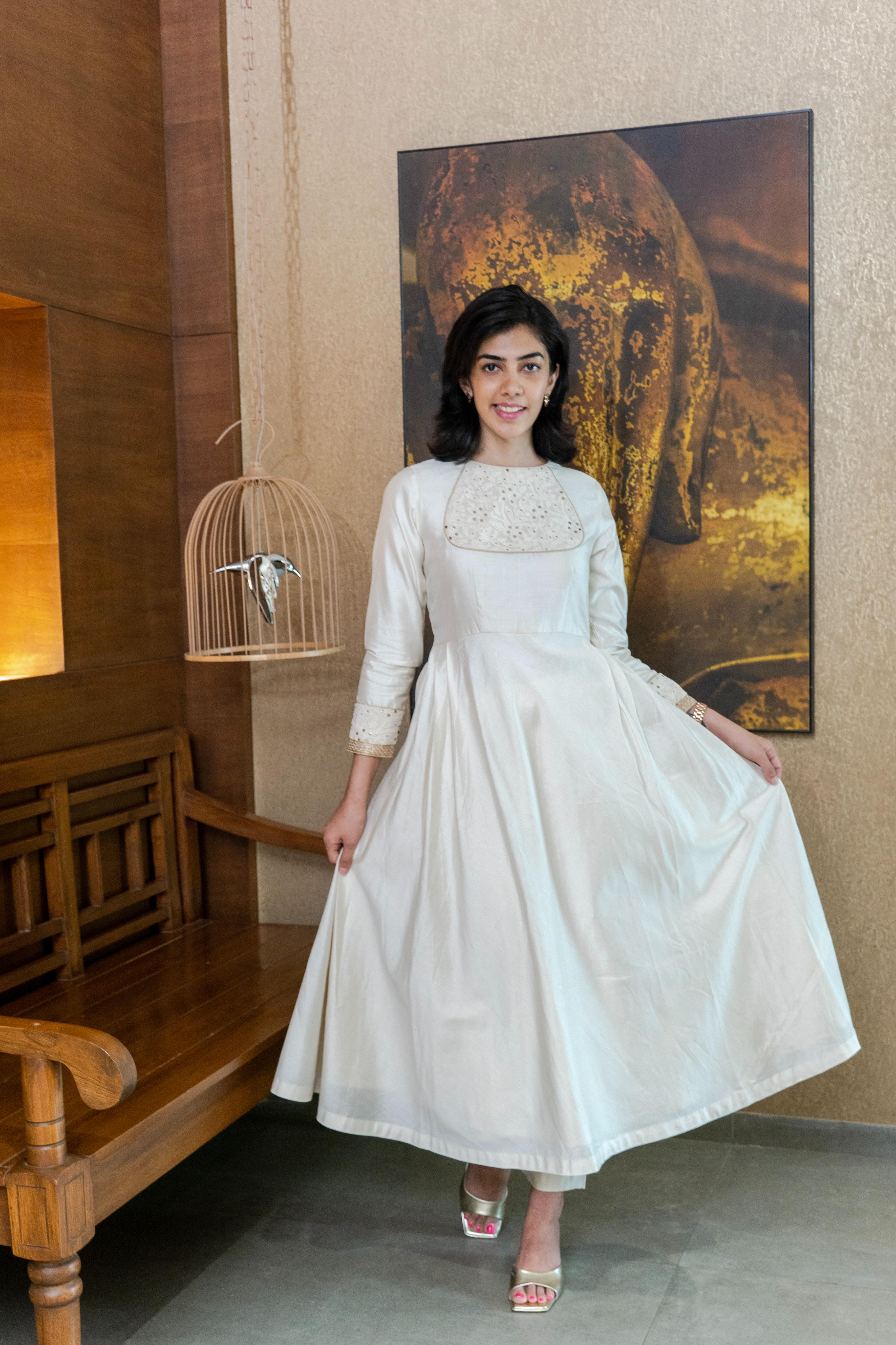 White silk chikankari neck kalidar kurta