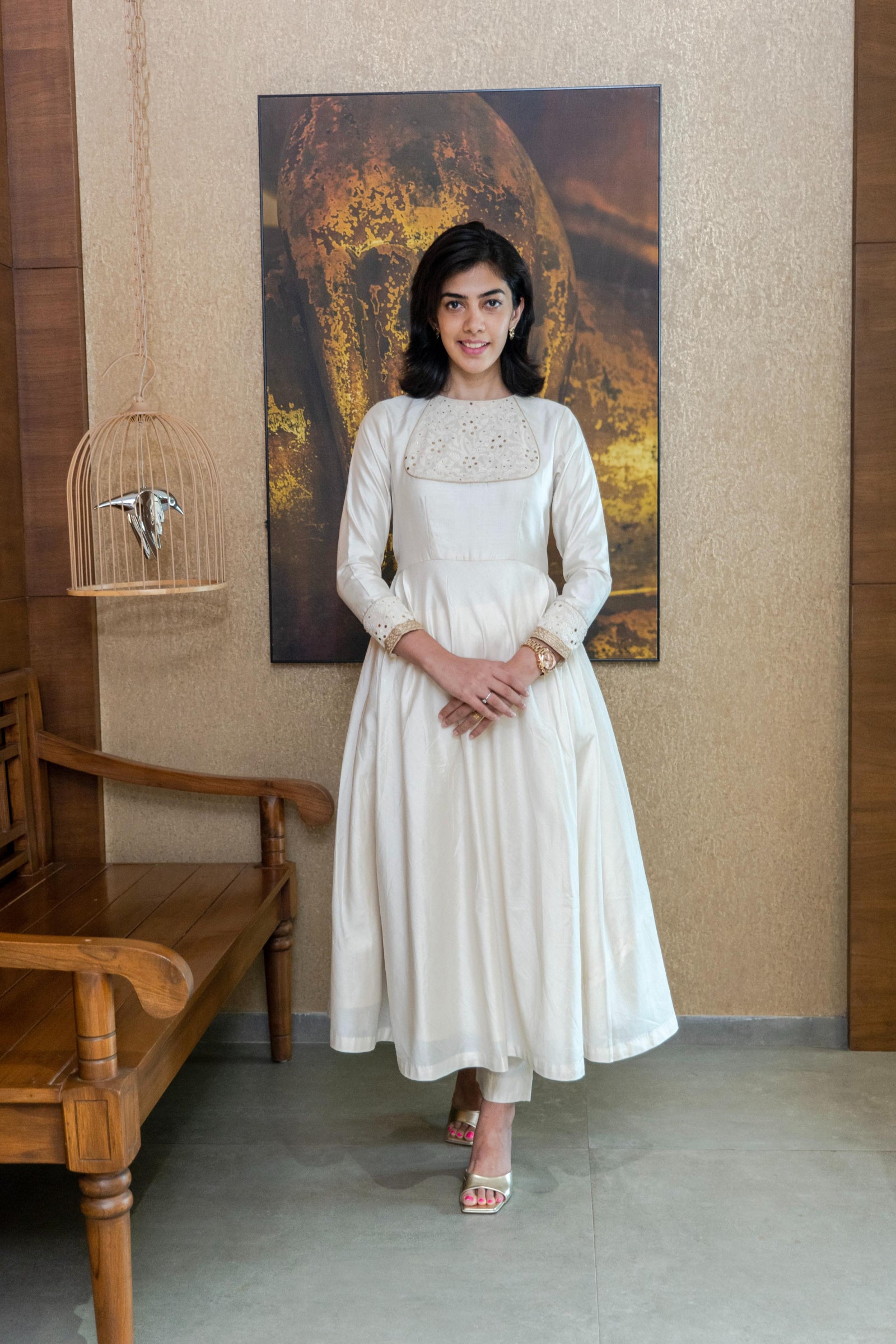White silk chikankari neck kalidar kurta