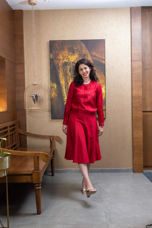 Rouge red soft silk Co - Ord top and skirt set