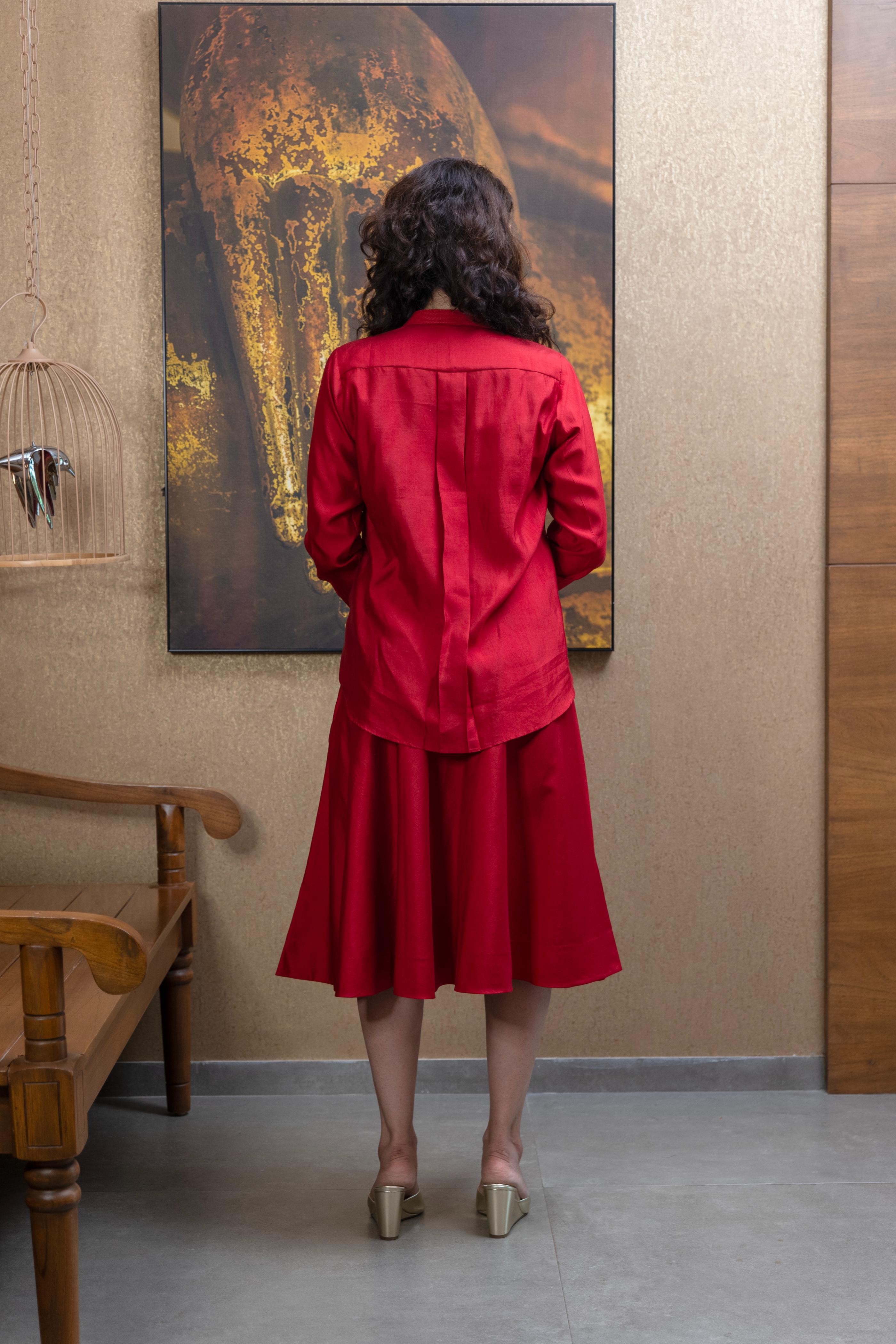 Rouge red soft silk Co - Ord top and skirt set