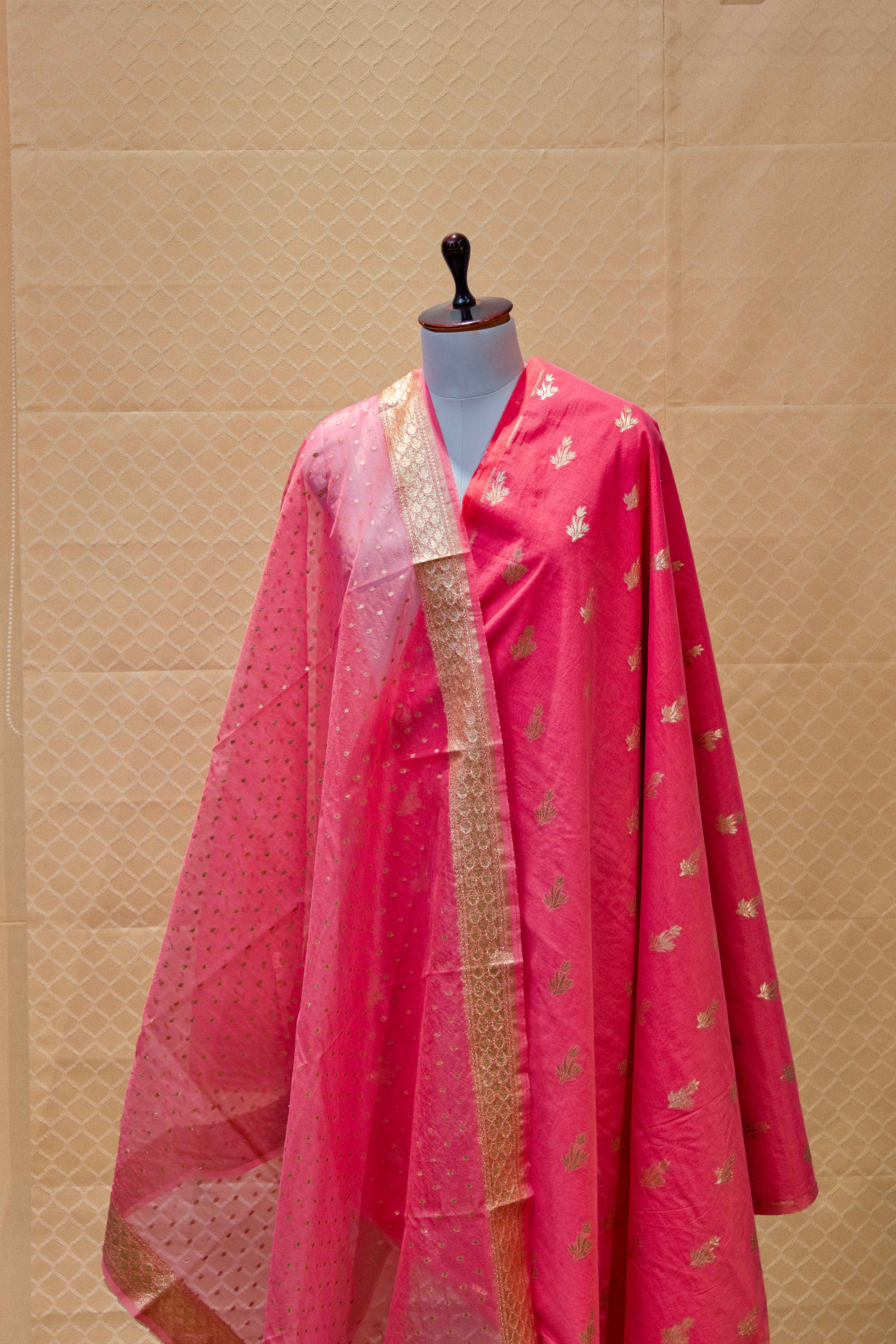 Baby pink woven chanderi silk suit material set