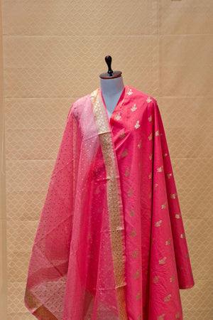 Baby pink woven chanderi silk suit material set