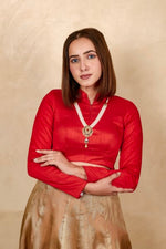 Red raw silk high neck full sleeve blouse