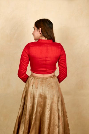 Red raw silk high neck full sleeve blouse
