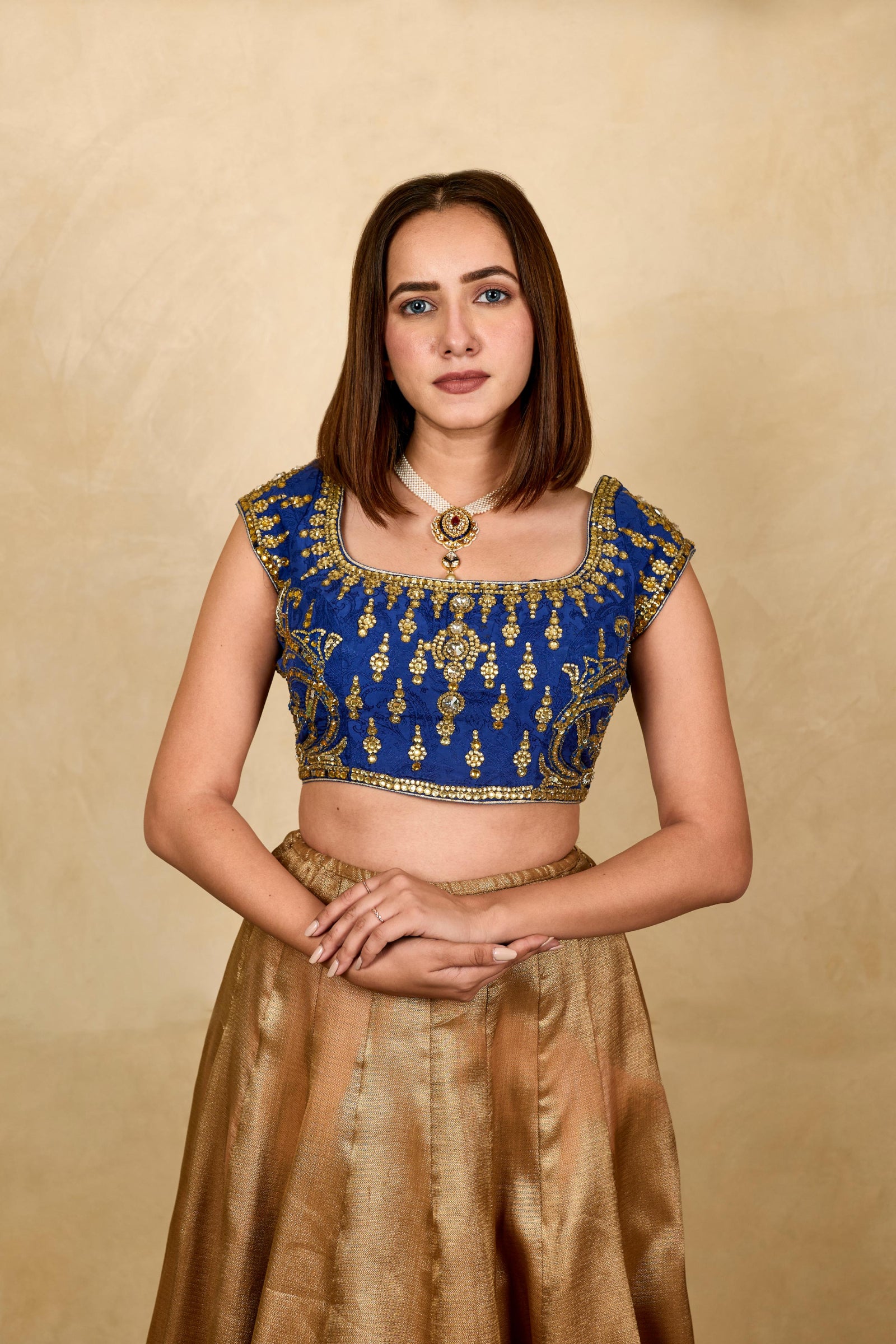 Royal blue Banarasi Tanchoi silk blouse