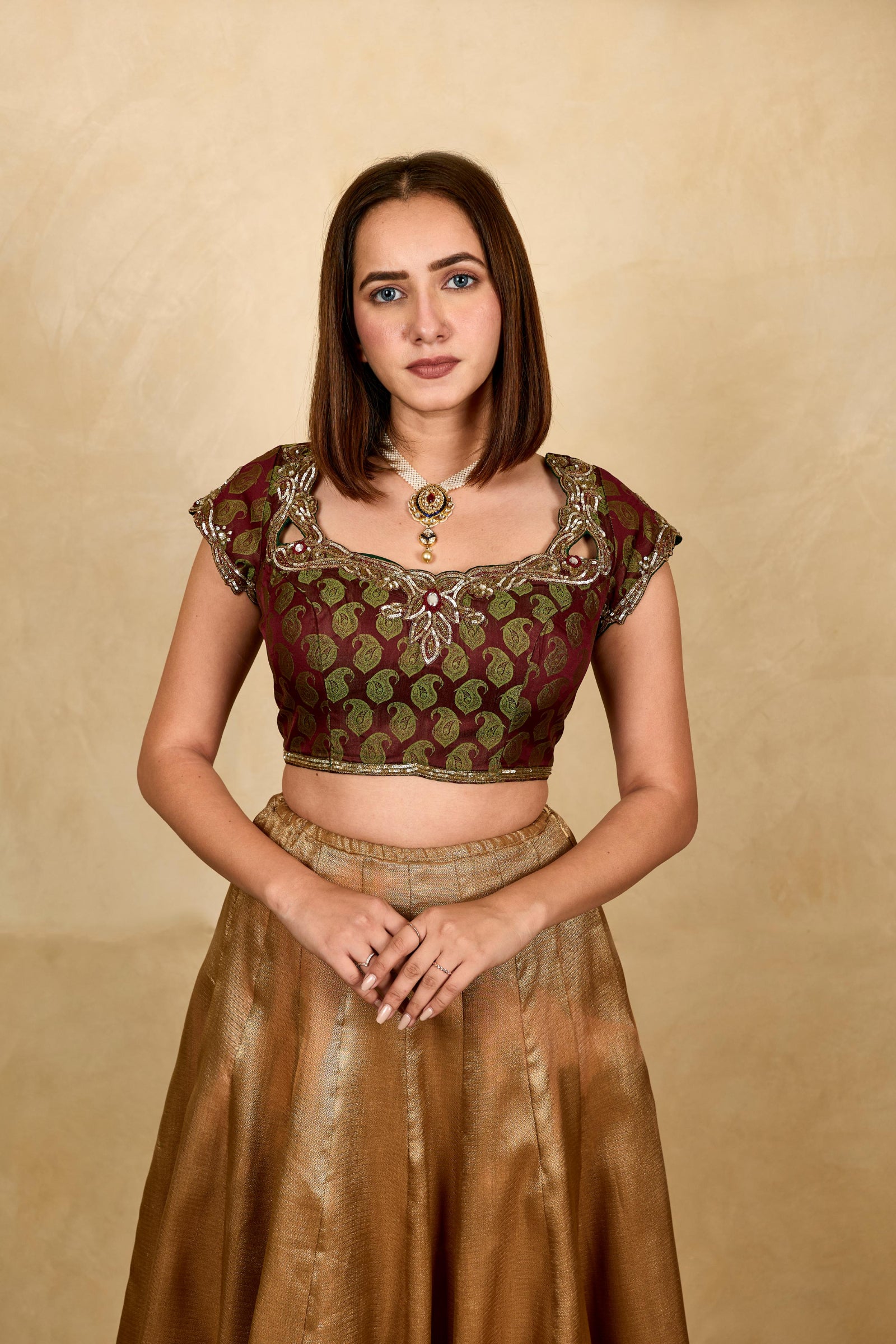 Olive green two tone silk blouse