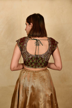 Olive green two tone silk blouse