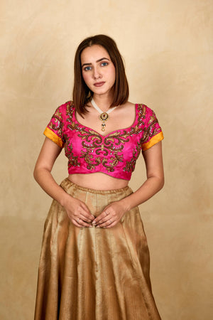 Hot pink gold embroidered silk blouse