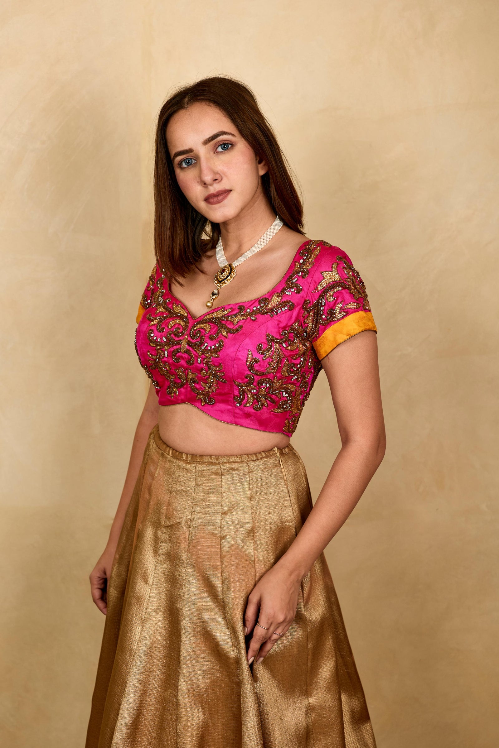 Hot pink gold embroidered silk blouse