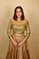 olive green and gold applique work blouse