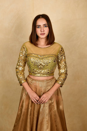 olive green and gold applique work blouse