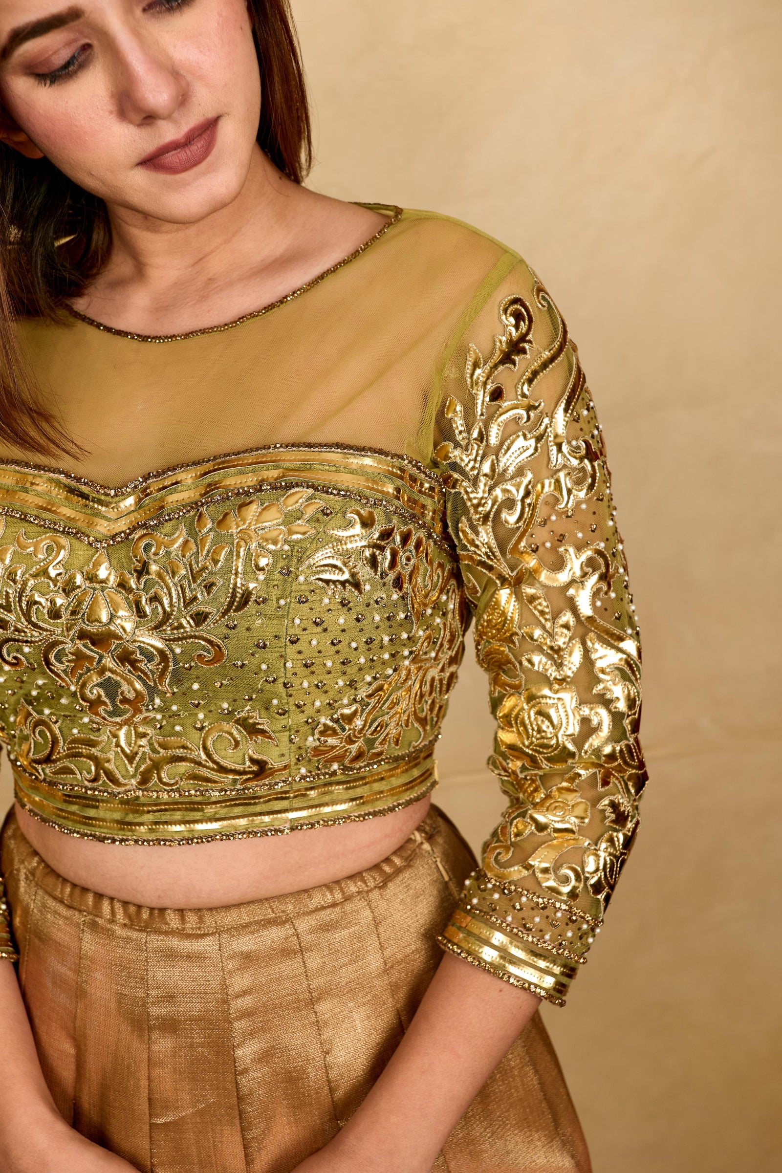 olive green and gold applique work blouse
