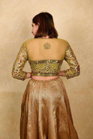 olive green and gold applique work blouse