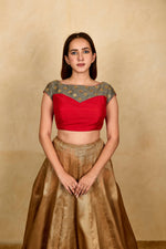 Red and grey boat neck silk blouse