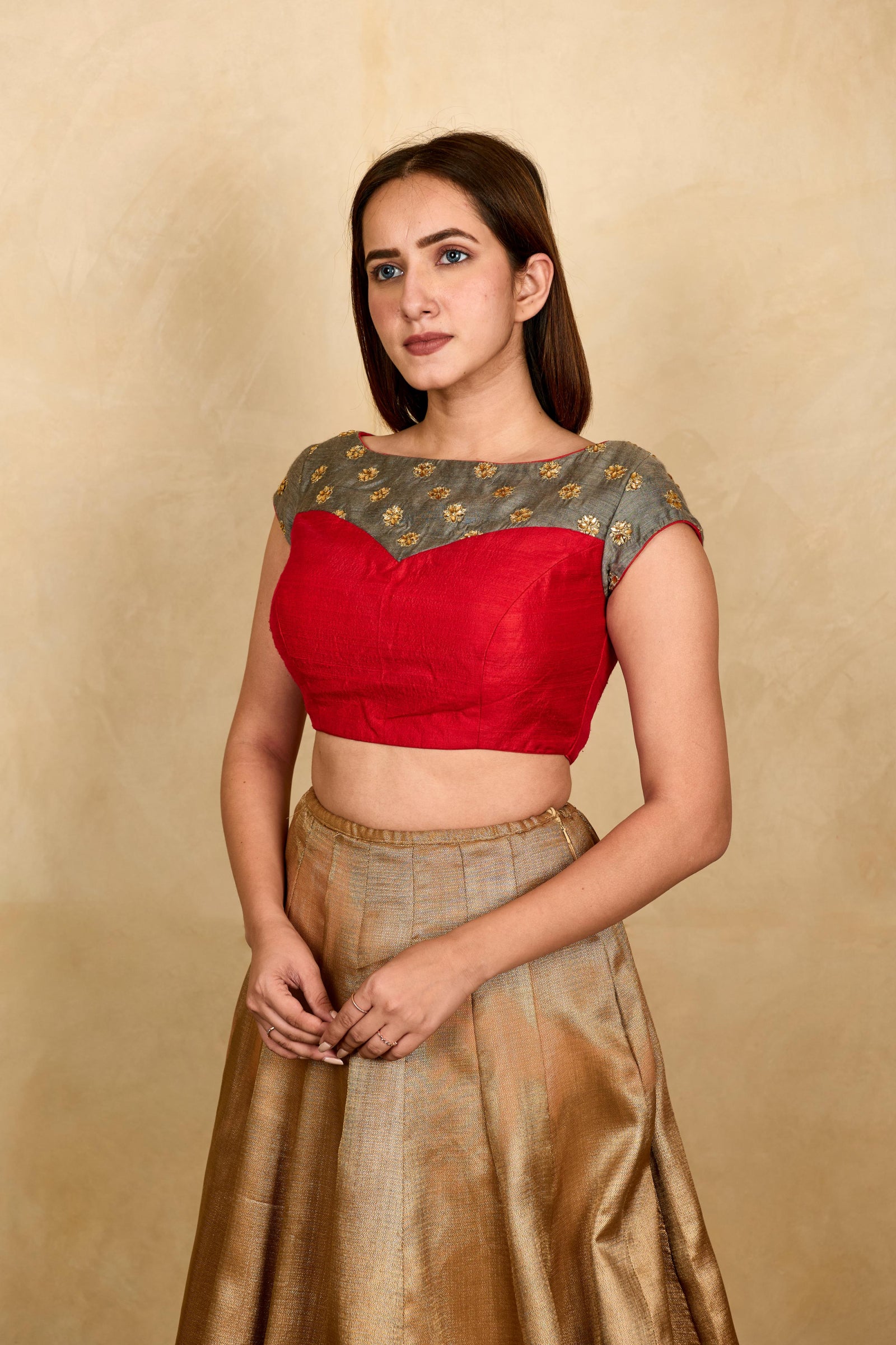 Red and grey boat neck silk blouse