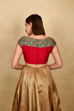 Red and grey boat neck silk blouse