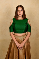 Bottle green cold shoulder silk blouse
