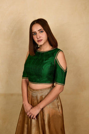 Bottle green cold shoulder silk blouse