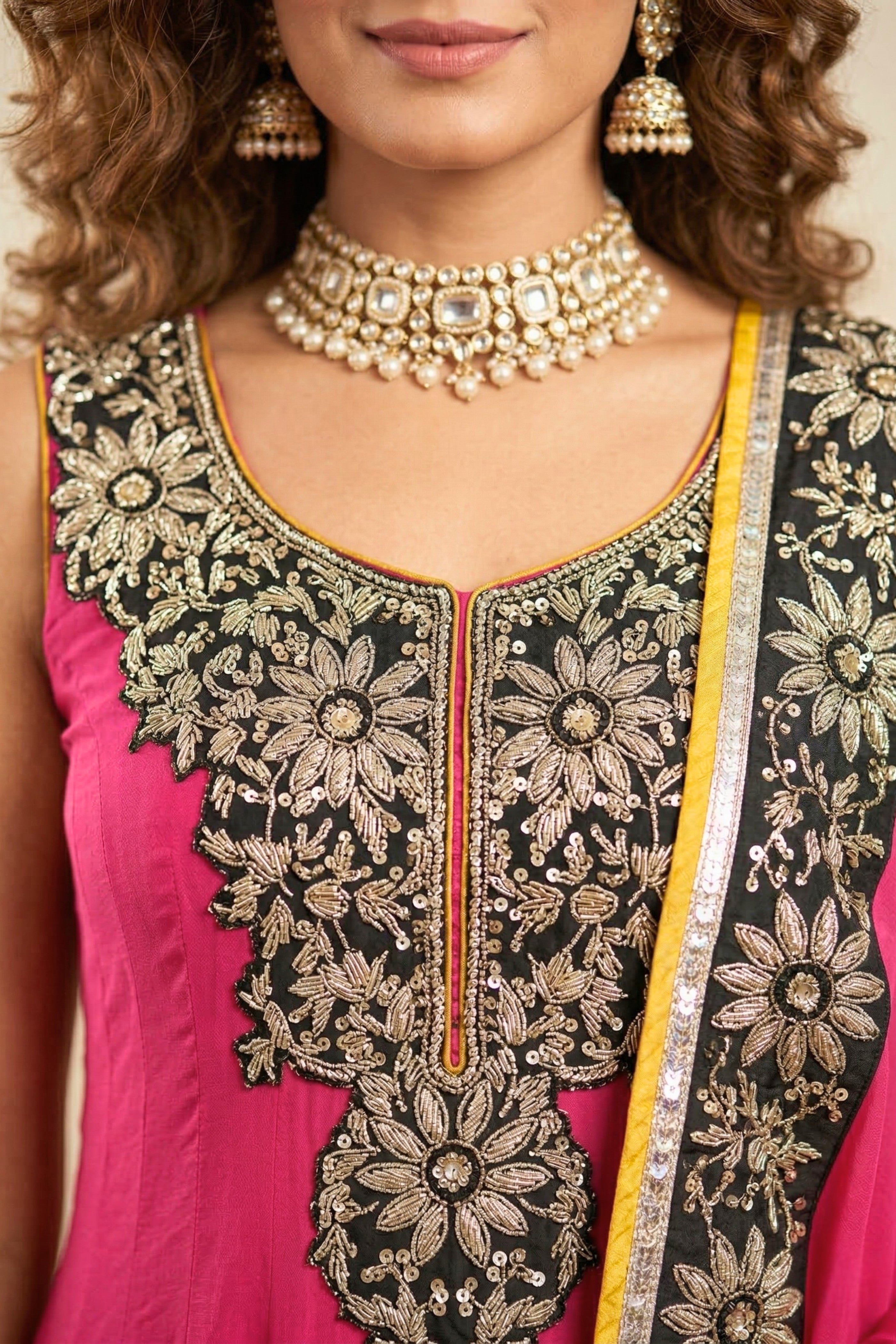 Vibrant Fuchsia Pink Crepe Anarkali Suit Set with Contrasting Embroidery