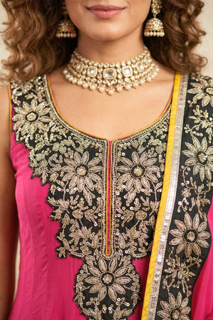 Vibrant Fuchsia Pink Crepe Anarkali Suit Set with Contrasting Embroidery