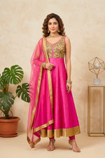 Majestic Rani Pink Raw Silk Embroidered Anarkali Suit Set