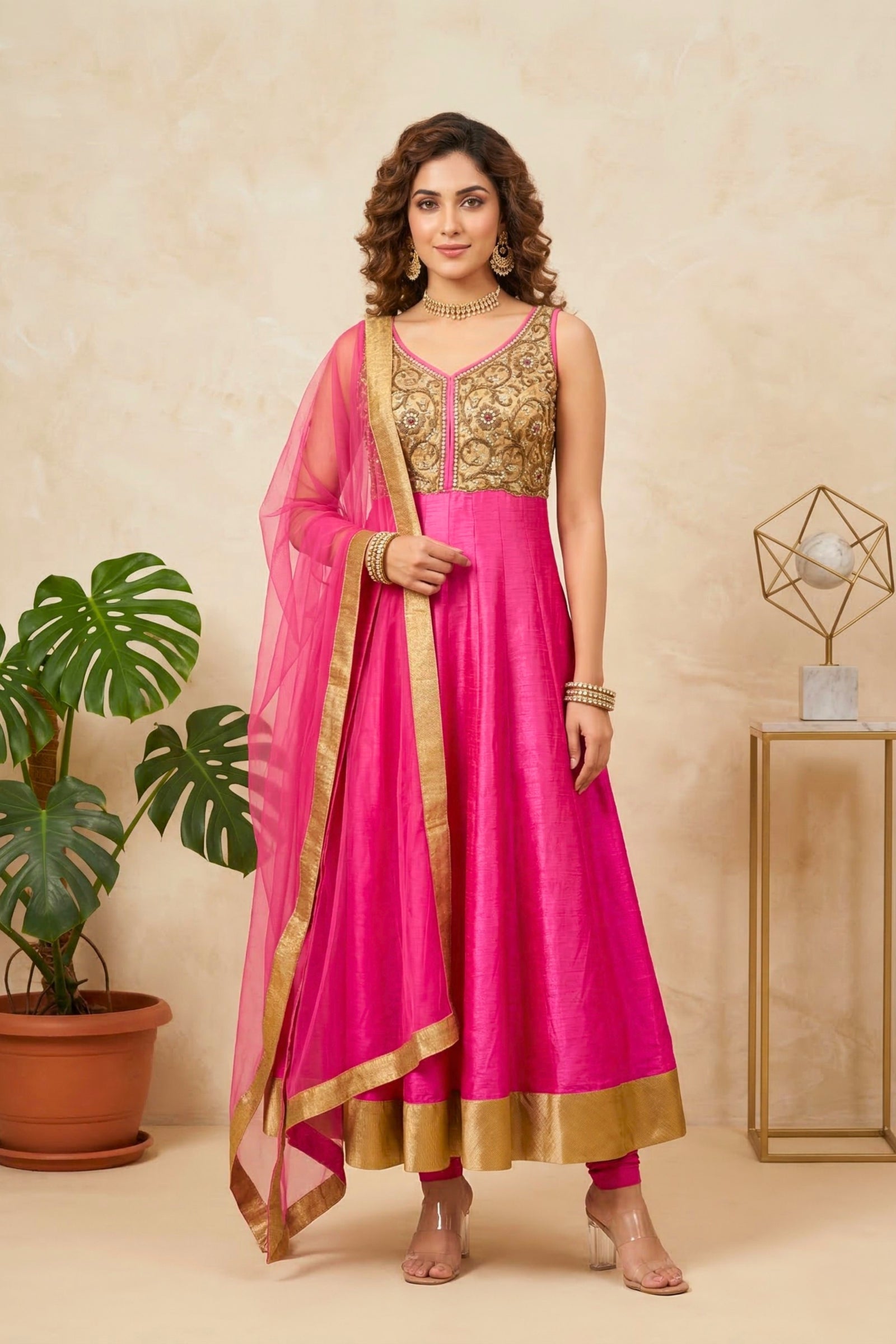Majestic Rani Pink Raw Silk Embroidered Anarkali Suit Set