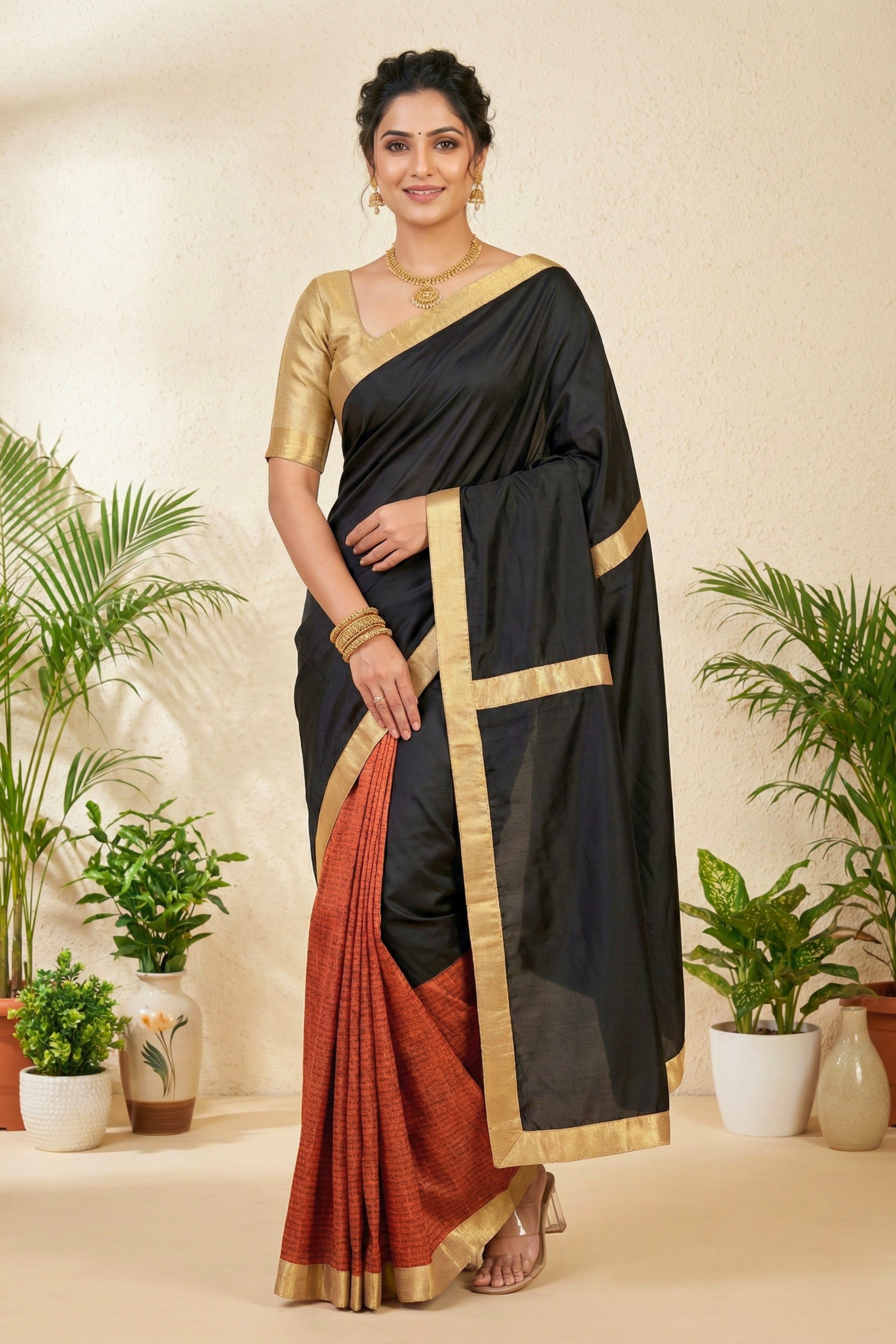 Striking Black and Rust Half-and-Half Silk Saree with Gold Border