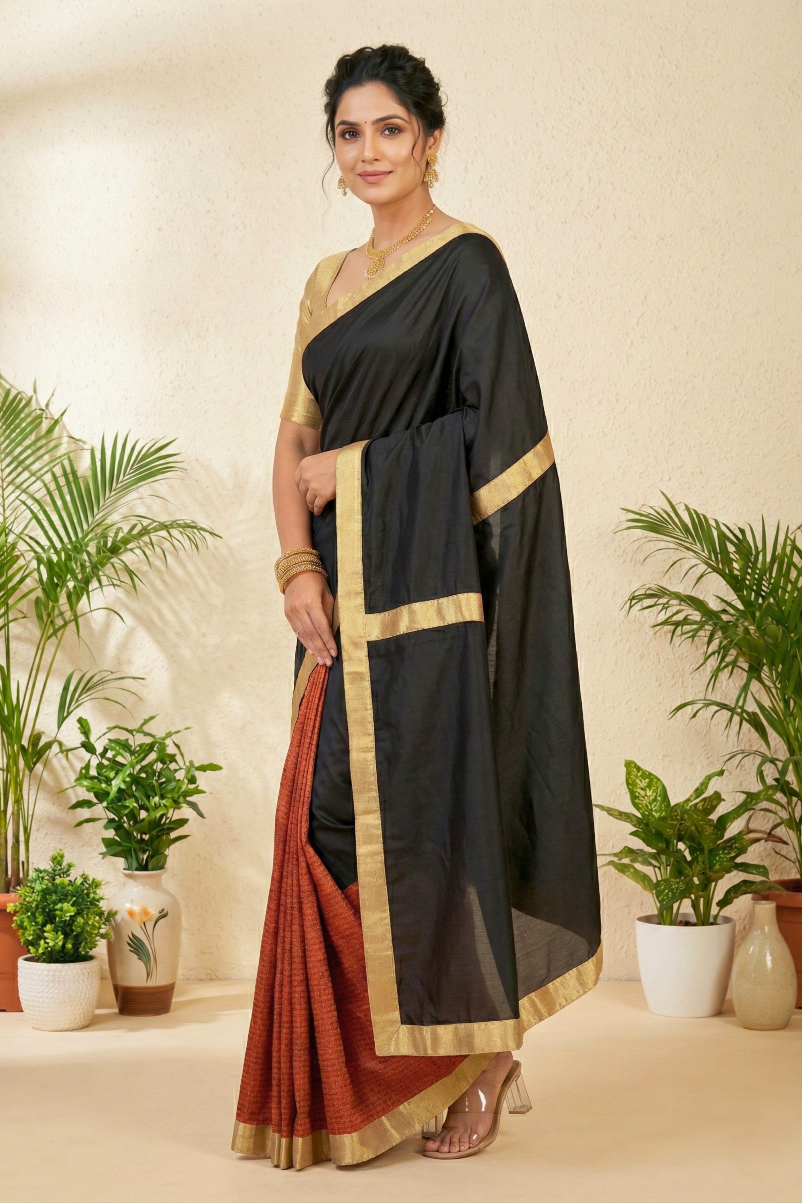Striking Black and Rust Half-and-Half Silk Saree with Gold Border