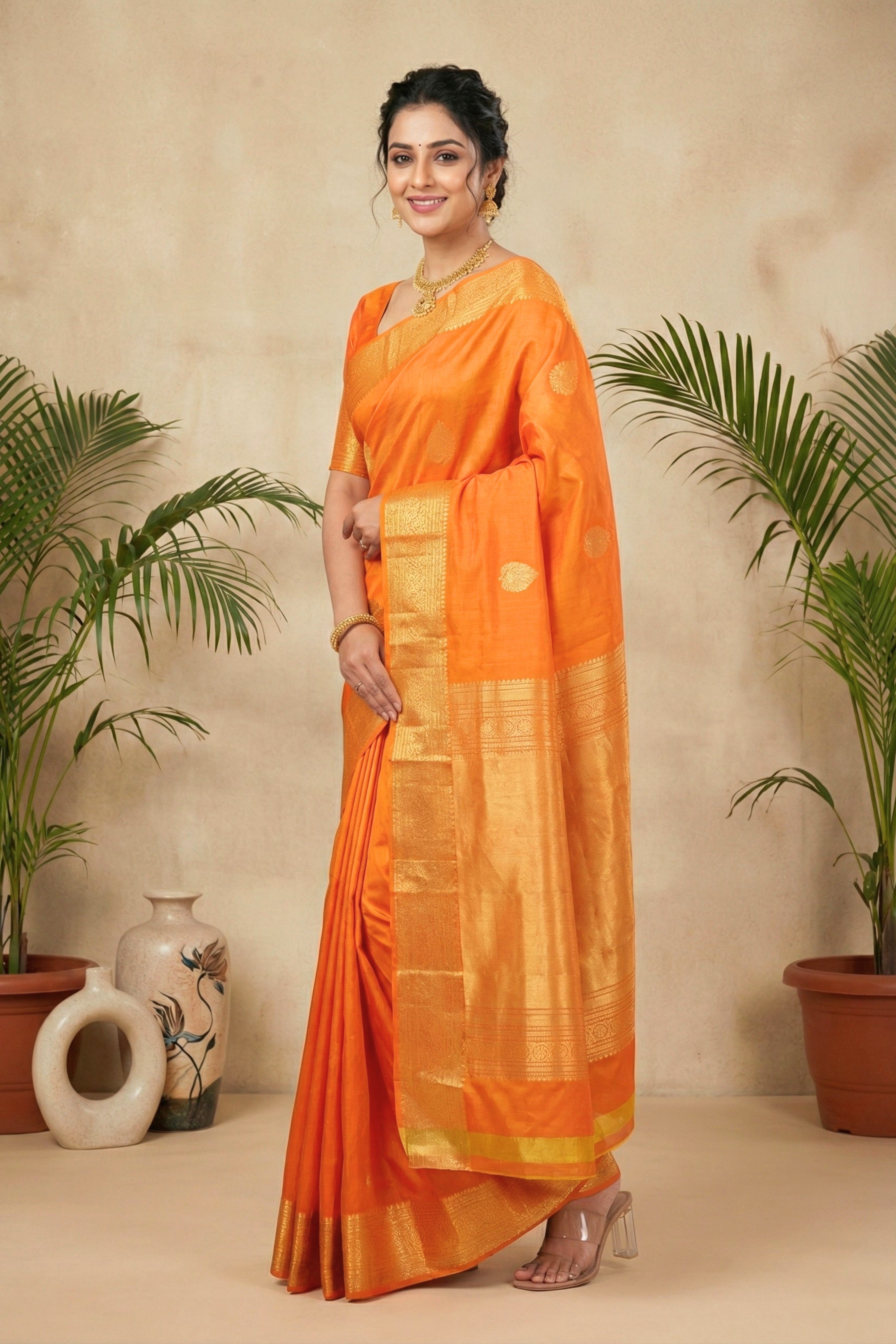 Radiant Tangerine Orange Pure Silk Saree with Heavy Gold Zari