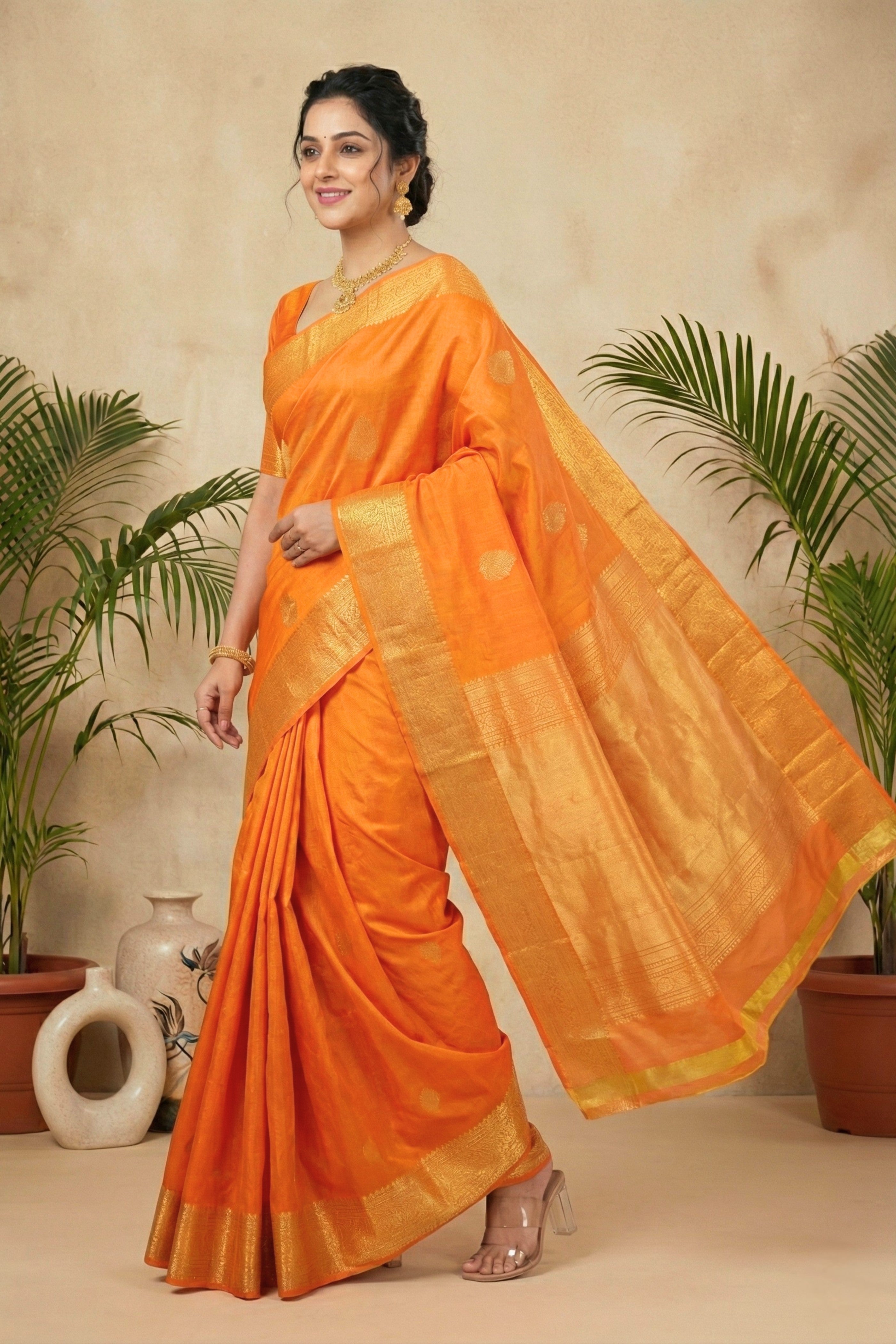 Radiant Tangerine Orange Pure Silk Saree with Heavy Gold Zari