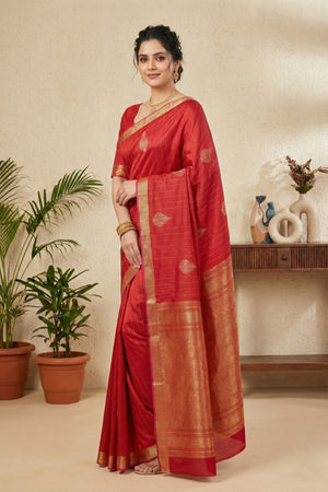 Radiant Crimson Red Silk Saree with Woven Zari Motifs